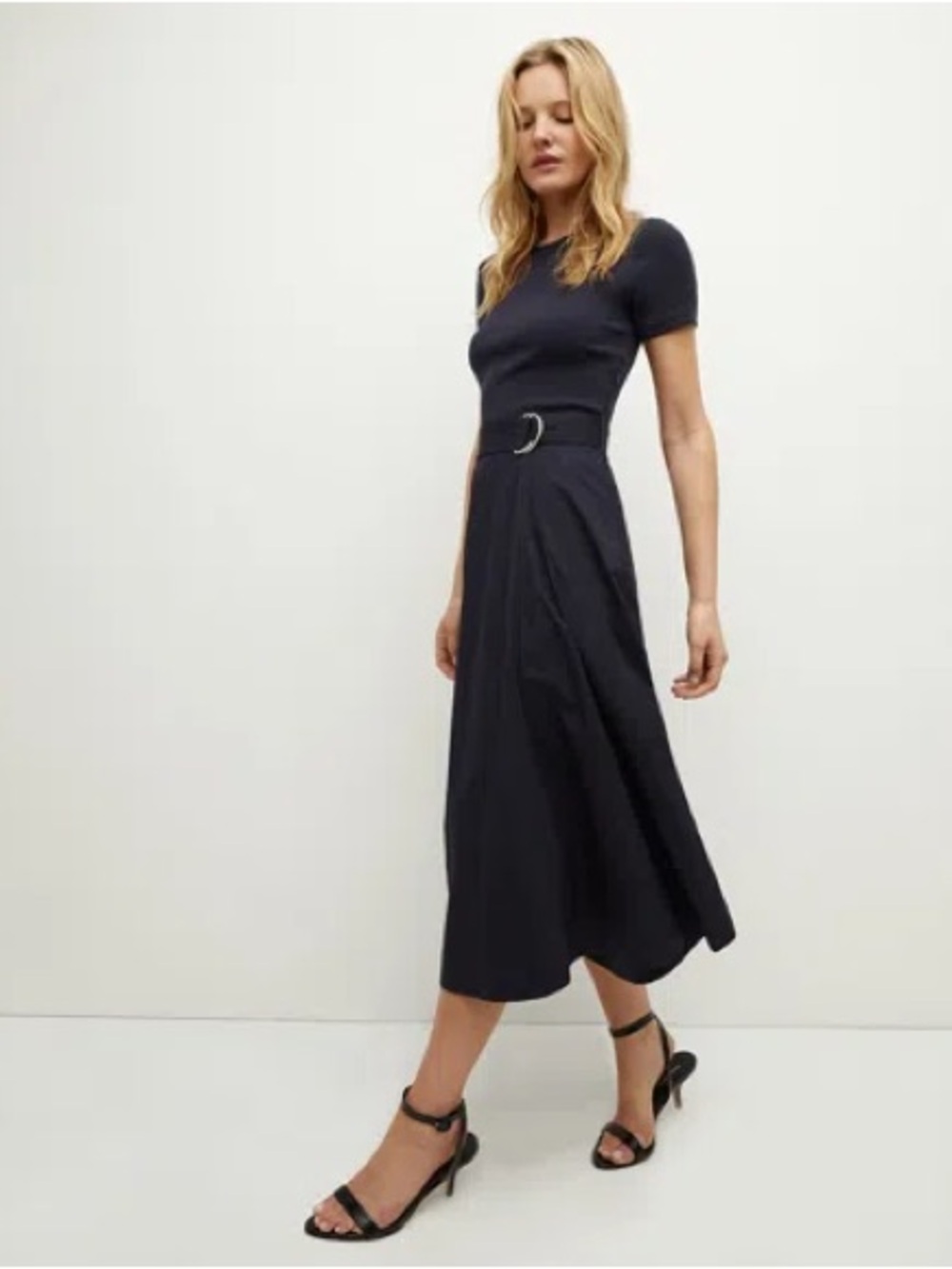 VERONICA BEARD Facia Navy Short Sleeve Belted Midi Dress Size L Like New